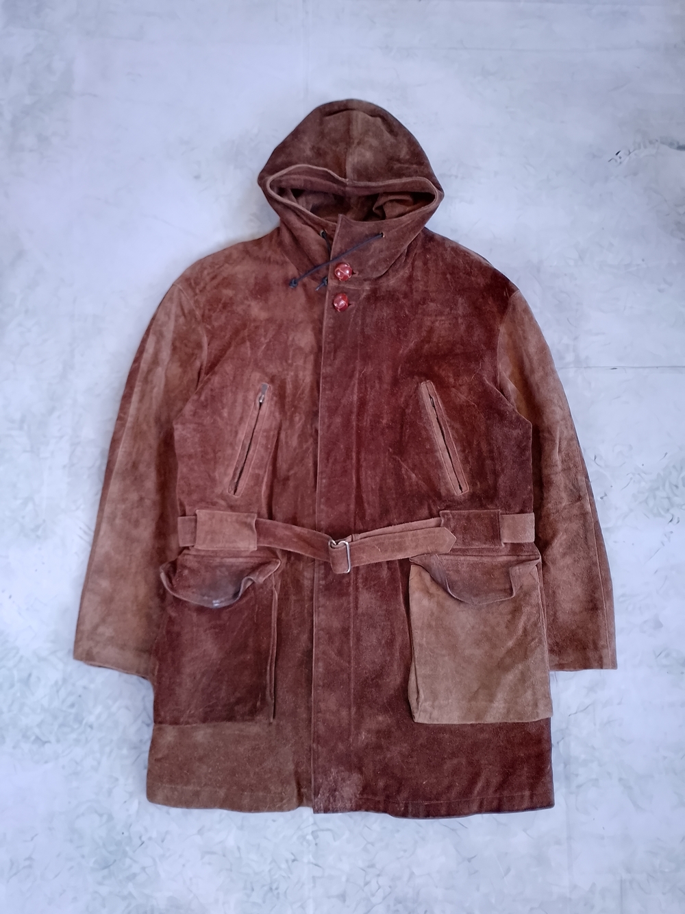 Vintage Brown Suede Hooded Belted Men's Coat BRISSON & BRISSON